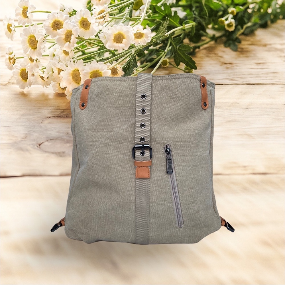 NEW! Tan Canvas Multifunctional Backpack Hobo Bag w/Buckle Straps & Pockets